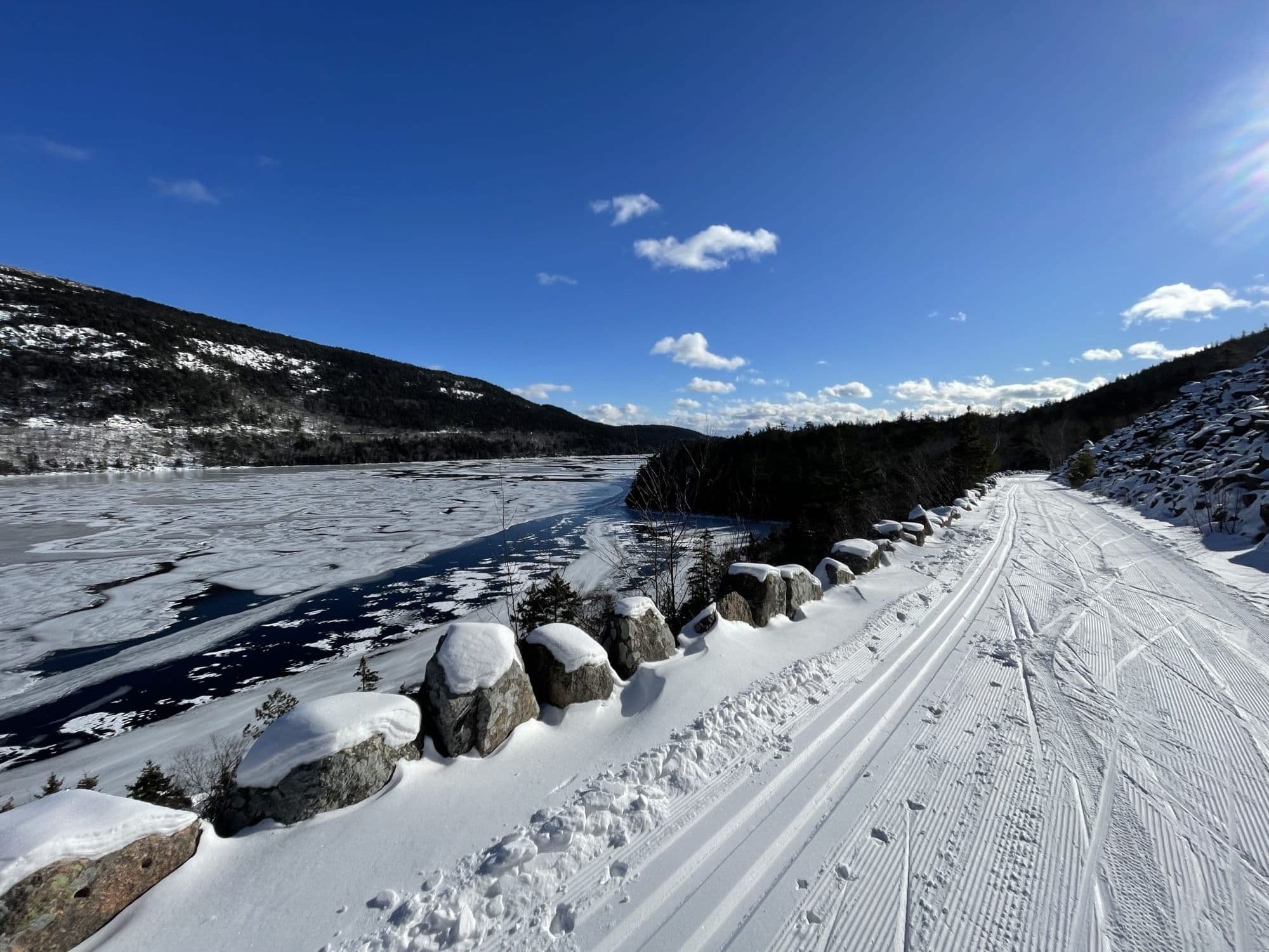 Groomed carriage road along Jordan Pond in Acadia National Park